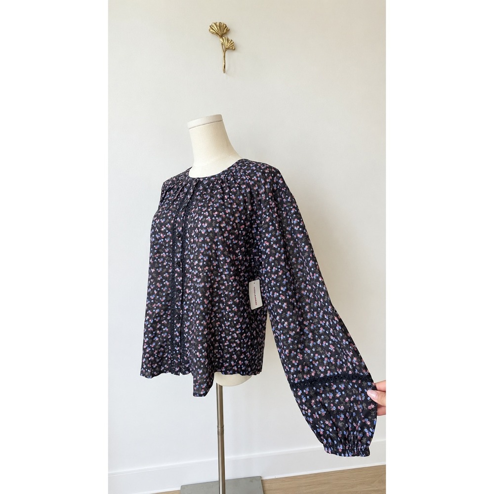 NWT Lucky Brand Blouse Womens Boho Cottagecore Small Black Floral 100% Cotton